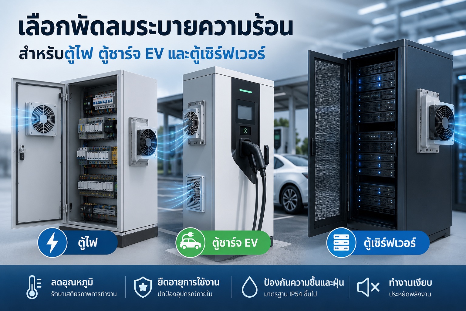 เลือกพัดลมระบายความร้อนสำหรับตู้ไฟ ตู้ชาร์จ EV และตู้เซิร์ฟเวอร์